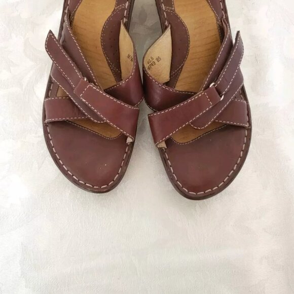 Womens Born Leather Slip On Wedge Sandals 9 M Caramel Brown Open Toe - Picture 5 of 12